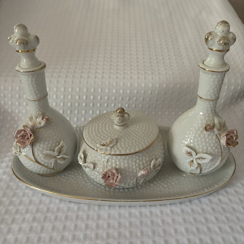 Perfume Bottles Pink Rose Textured 5pc Vanity Set w/Under Plate & Stoppers Japan